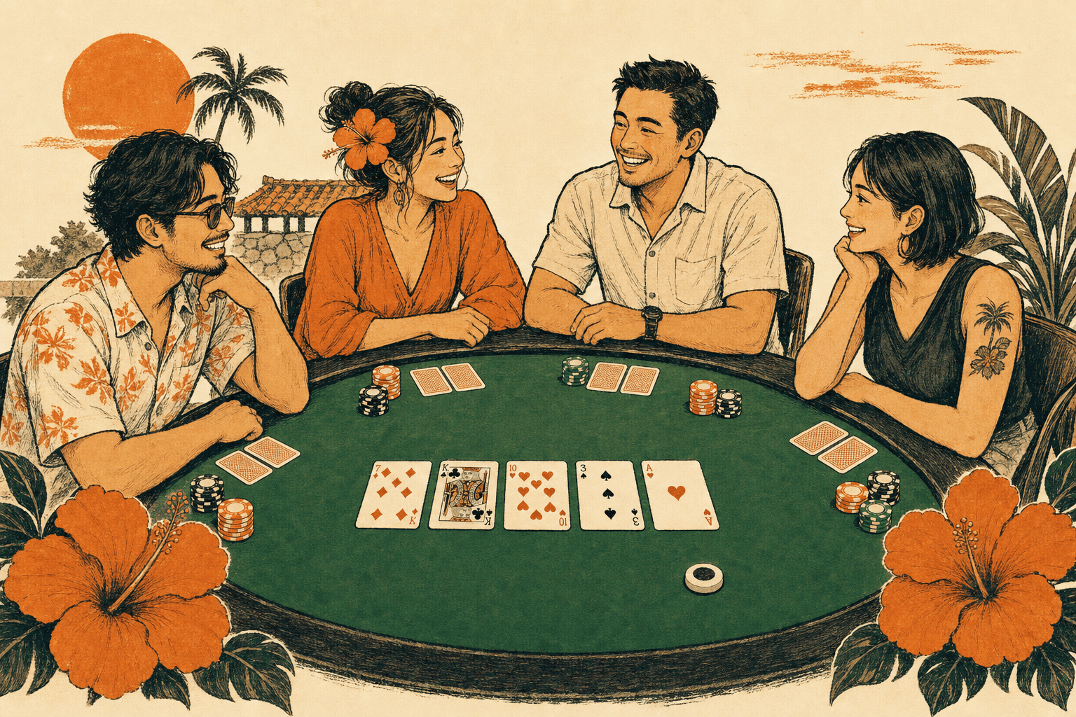 ポーカーテーブルを囲んで楽しく遊んでいる人たち